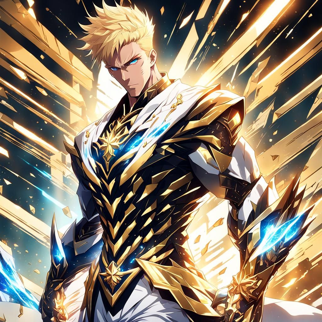 Anime Man in Gold and White with Blue Eyes