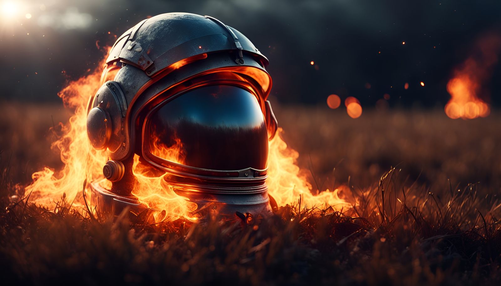 Burning Astronaut Helmet in Empty Field: 8K Art