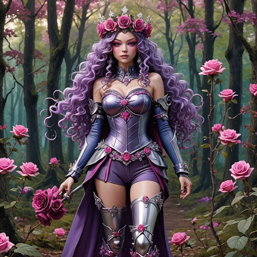 Anime Maiden in Magical Woods with Roses