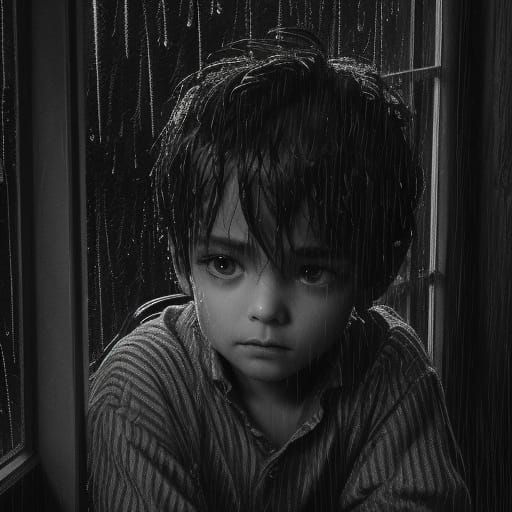 Melancholic Pencil Sketch of Child Gazing at Storm
