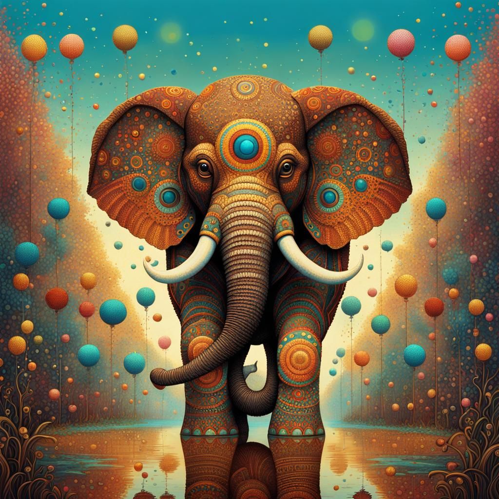 Surreal Metal Elephant in Pointillism Style