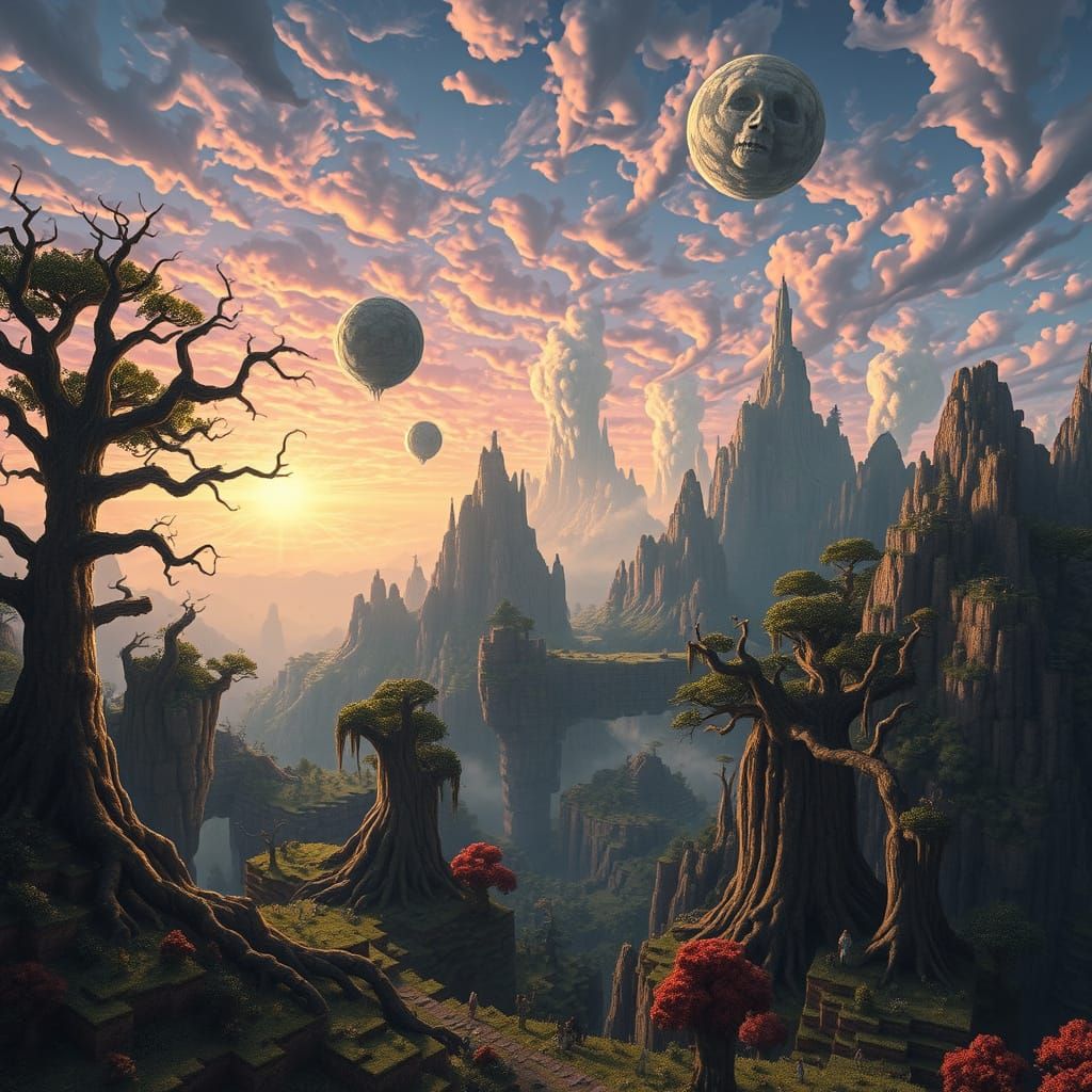 Surreal Minecraft Landscape in Bosch-like Realism