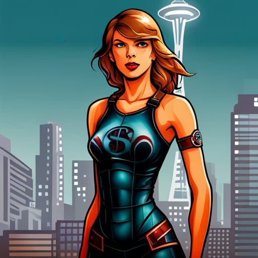 Seattle Night: Woman in Futuristic Armor, Comic Art