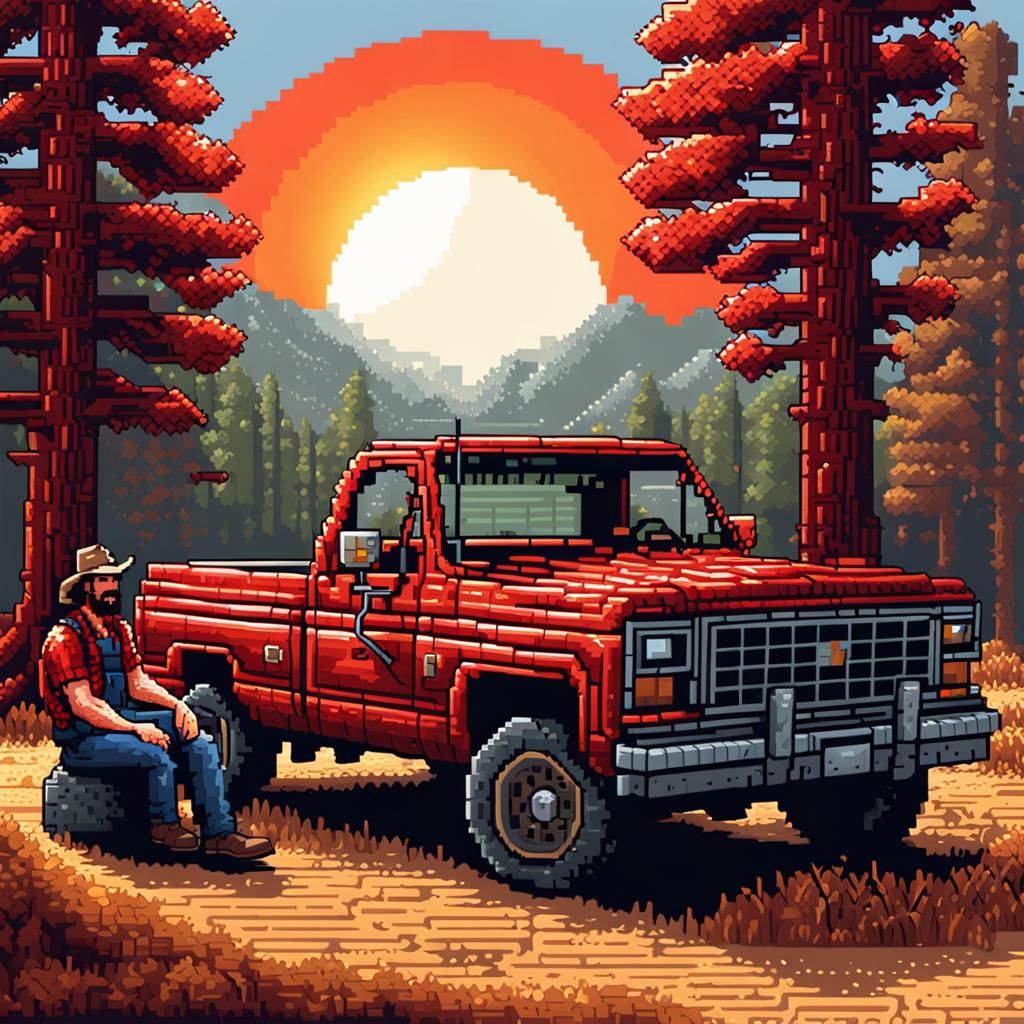 Redneck and Truck in 8-bit Pixel Art