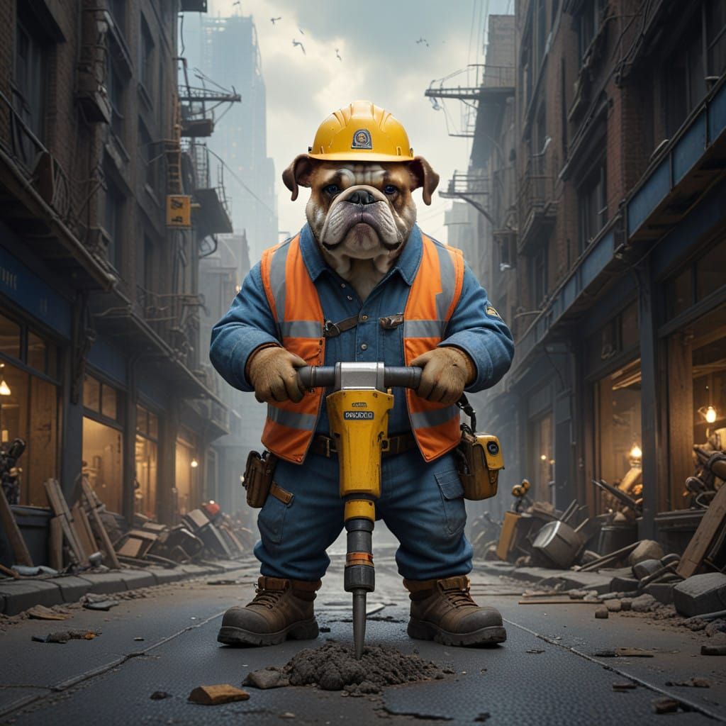 Bulldog in Construction Gear Smashes Through City Street