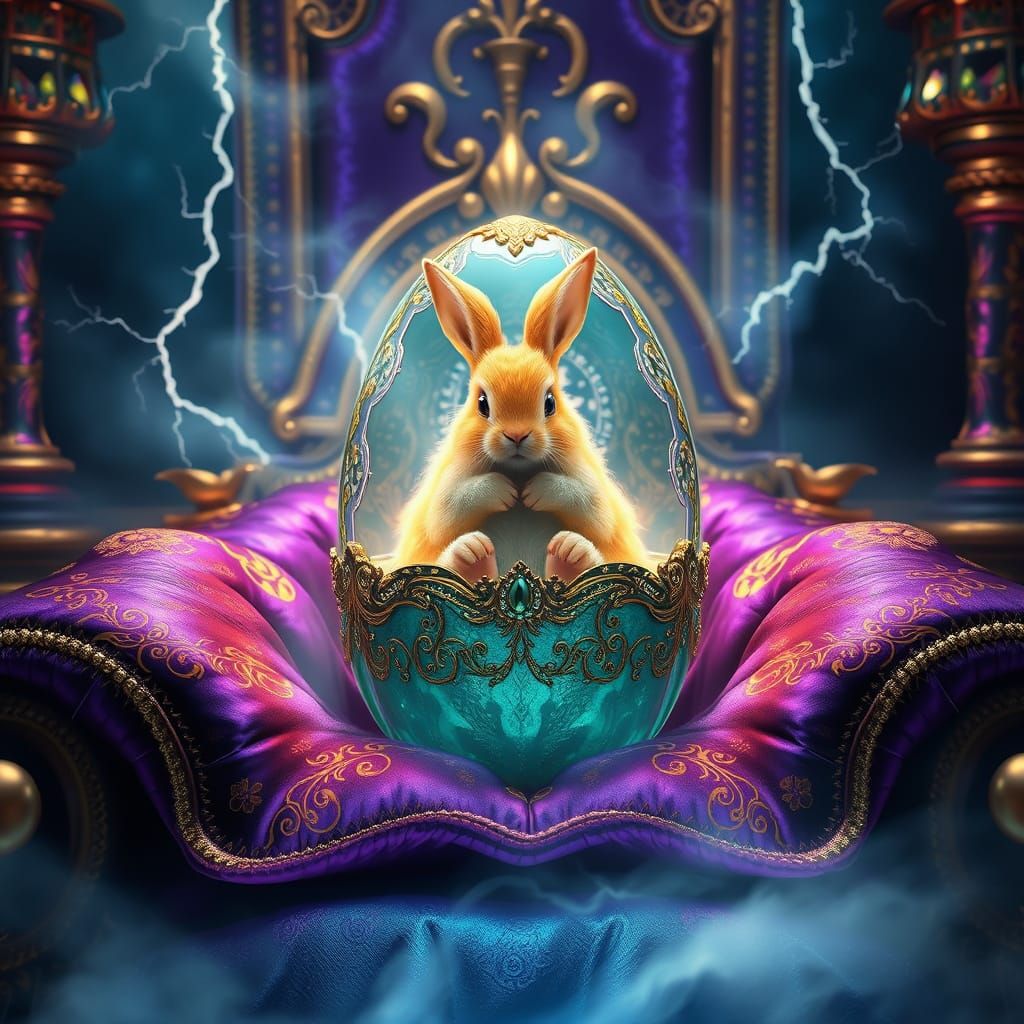 Golden Bunny Emerges from Rune Carved Egg on Majestic Throne
