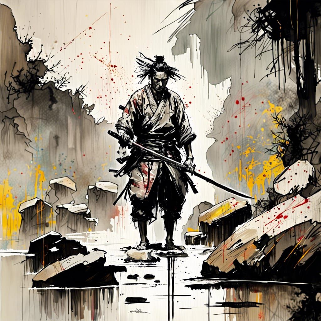 Samurai Warrior in Rushing Stream: Textured Speedpaint