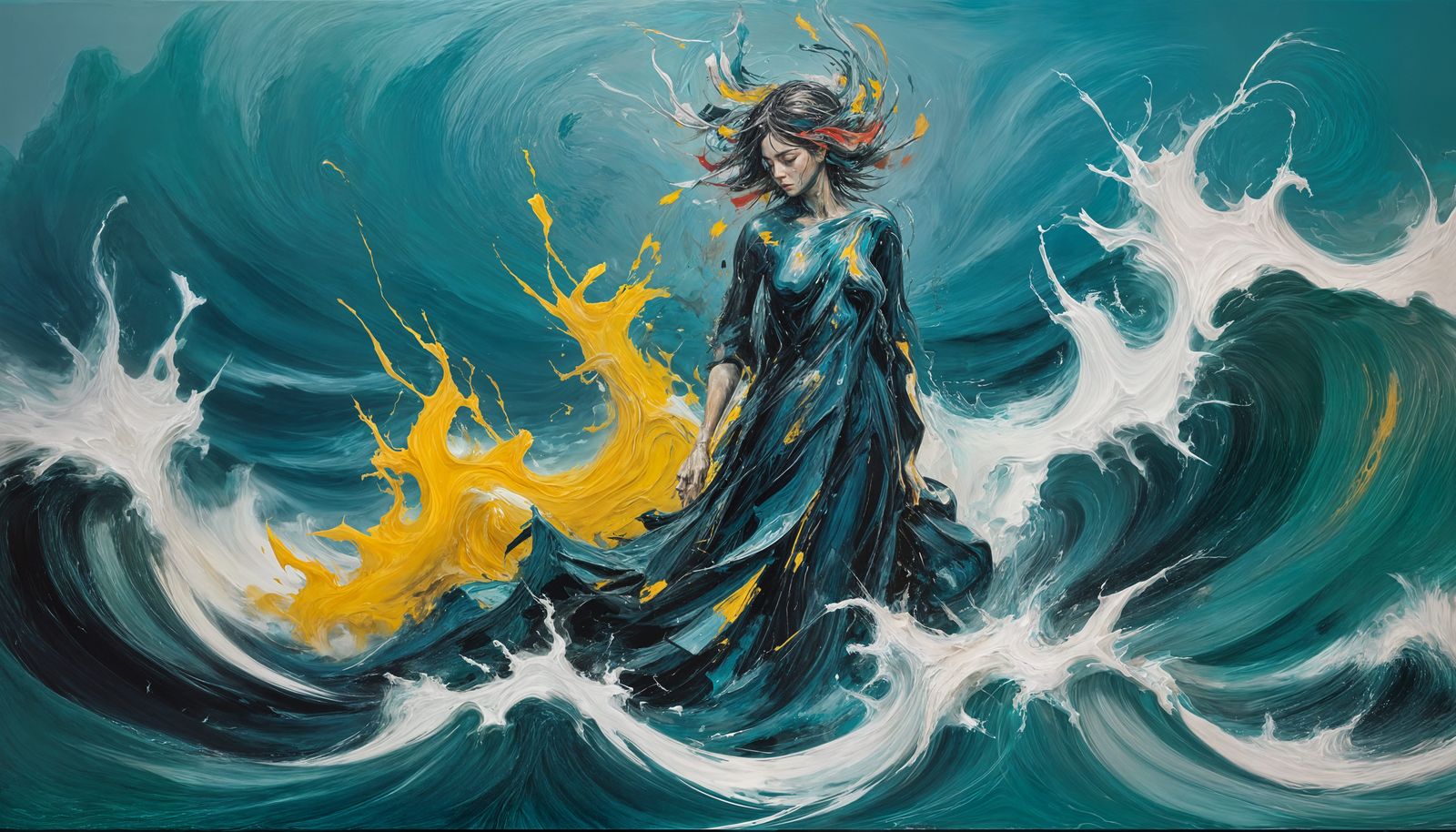 Abstract Weeping Goddess Sculpture in Stormy Ocean