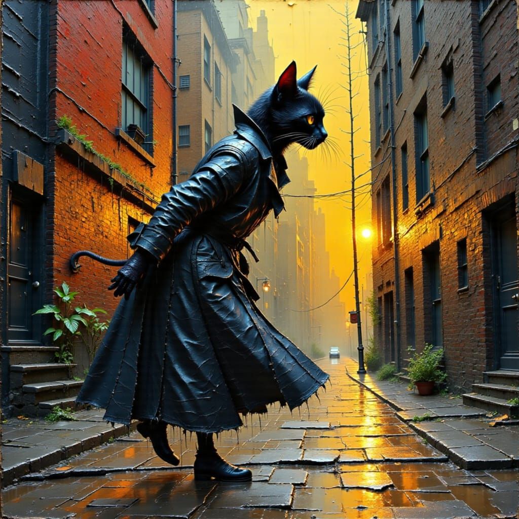 Noir Cat in Rainy Manhattan Street