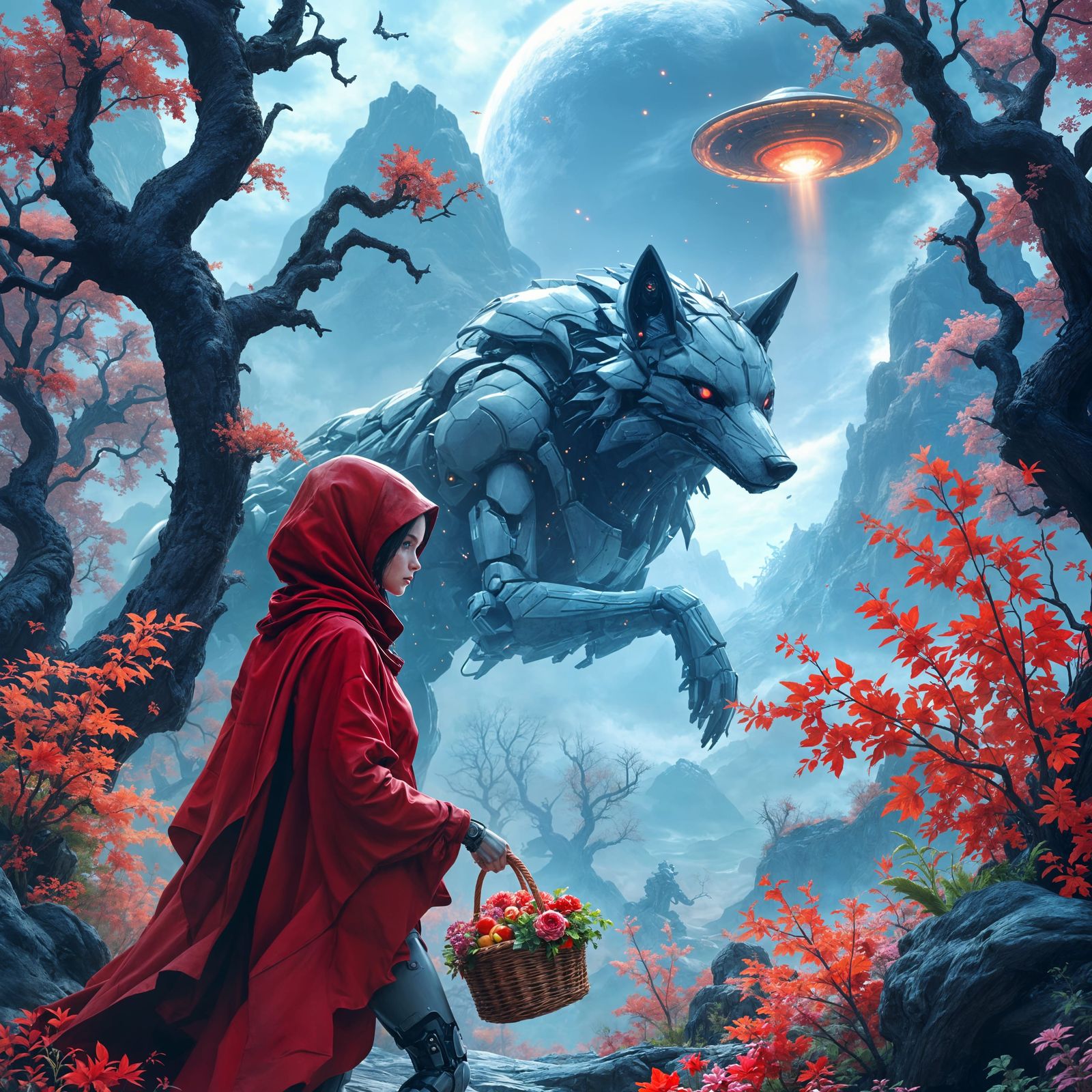 Android Red Riding Hood and Robot Wolf in Sci-Fi Forest