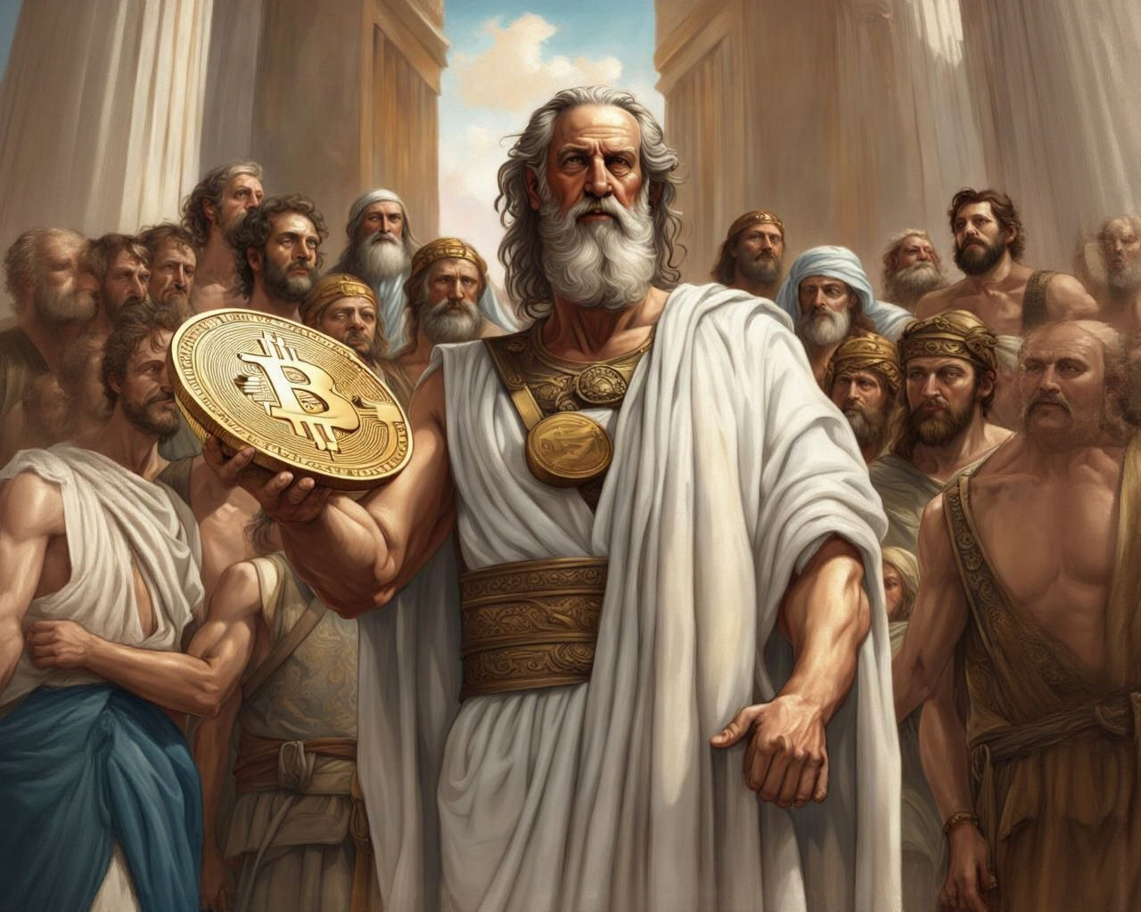 Moses Presents Bitcoin: Ancient Greece, Hyperrealistic Art