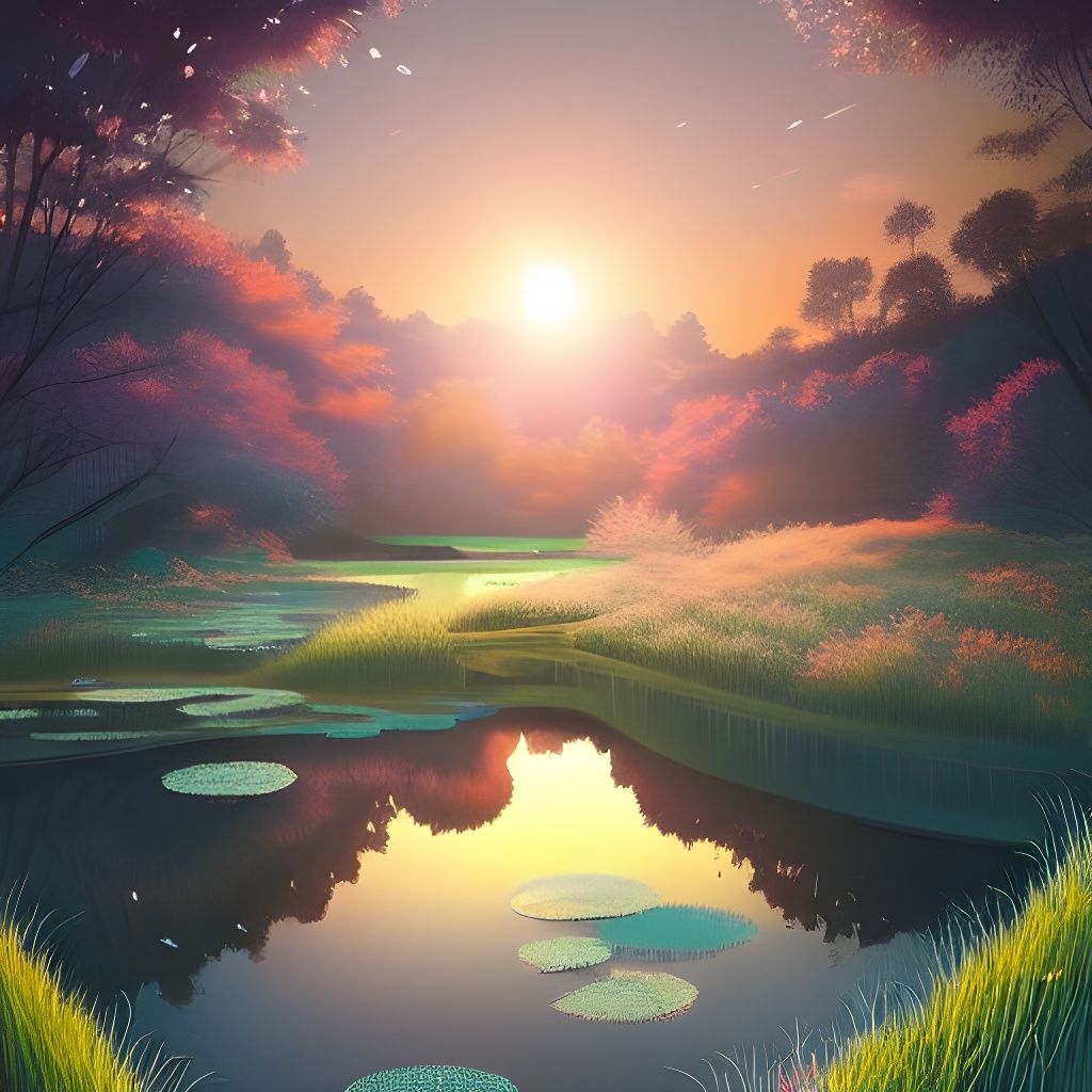 Sunset Pond: A Cel-Shaded Surrealist Masterpiece