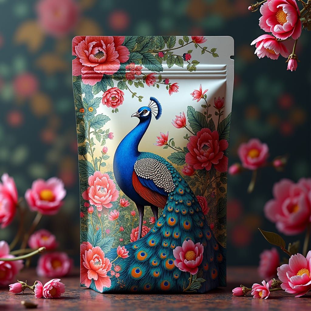 Floral Peacock Pouch Design in Digital Art Style
