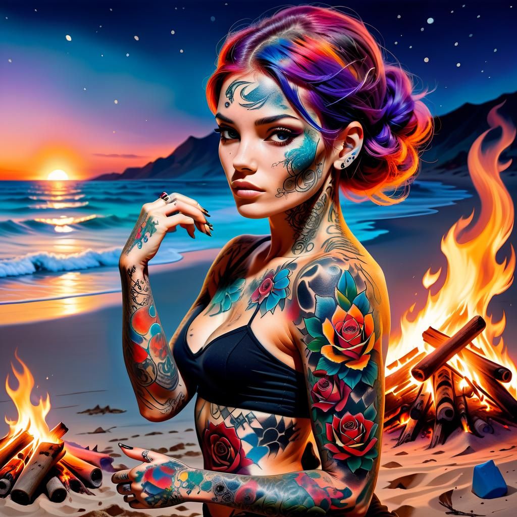 Surreal Tattooed Woman at Beach Bonfire