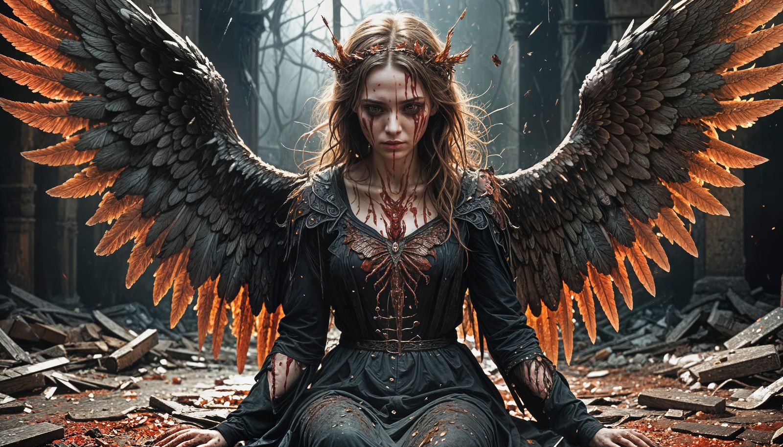 Ethereal Fallen Angel Woman Decaying in Blood