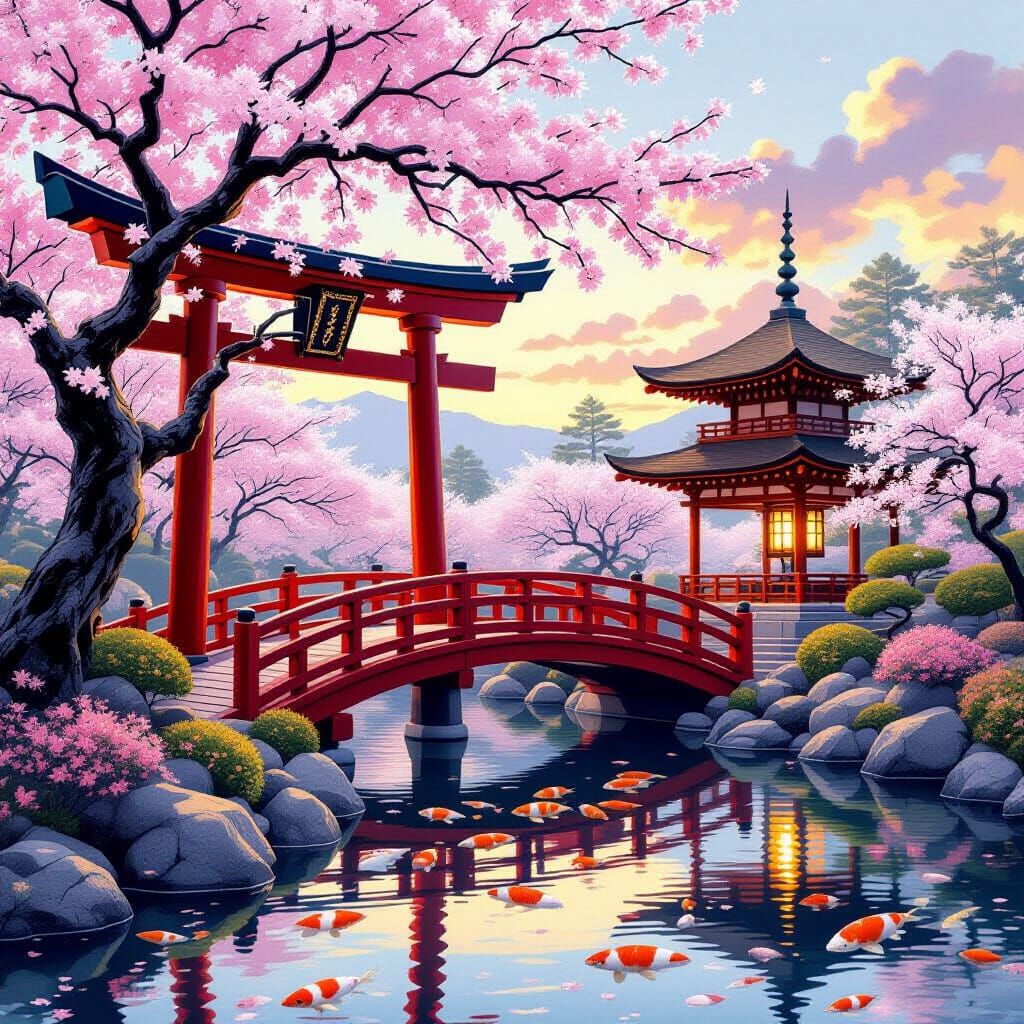 Serene Japanese Garden with Torii Gate and Sakura Blooms