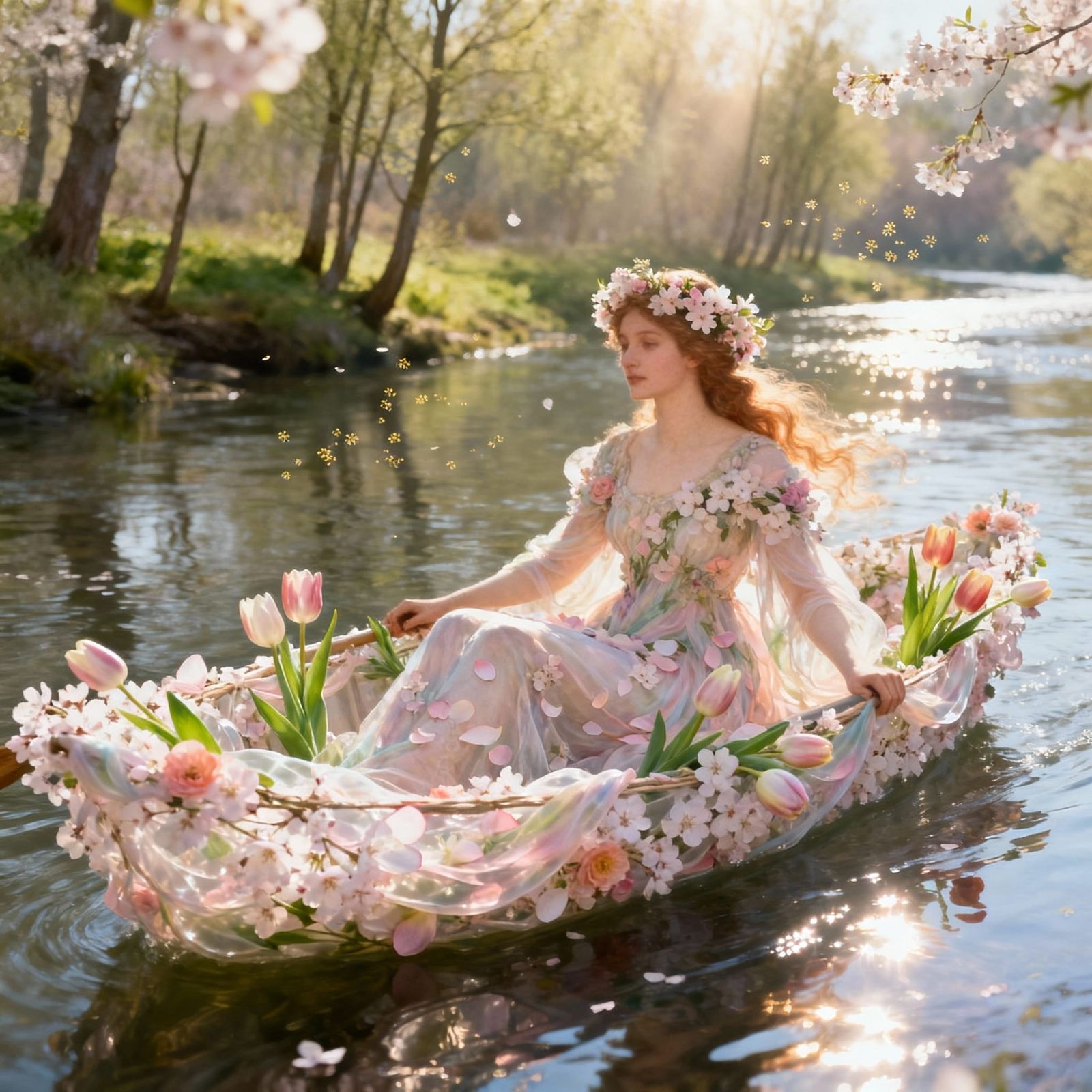 Spring Goddess in Flower Petal Boat on Gentle River