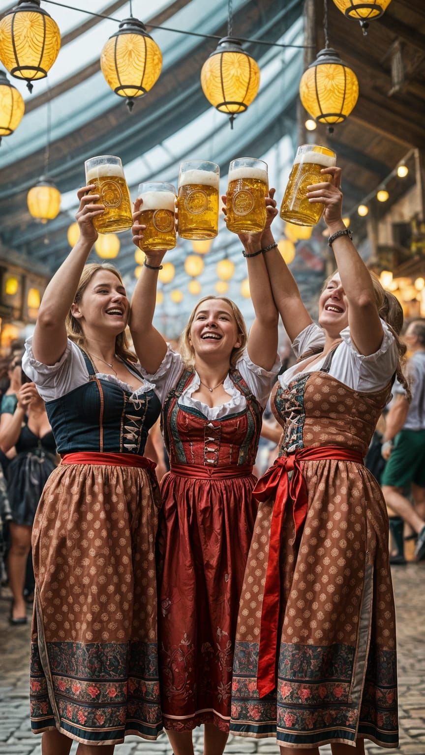 Oktoberfest Celebration: Women in Bavarian Dress, Photoreali...