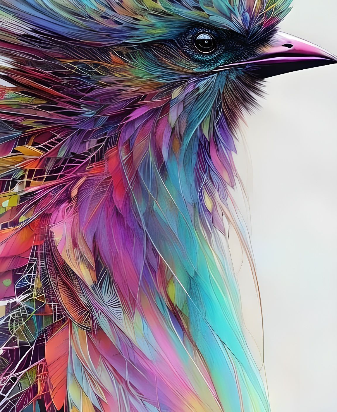 Fantastical Bird Portrait with Nacreous Outlines