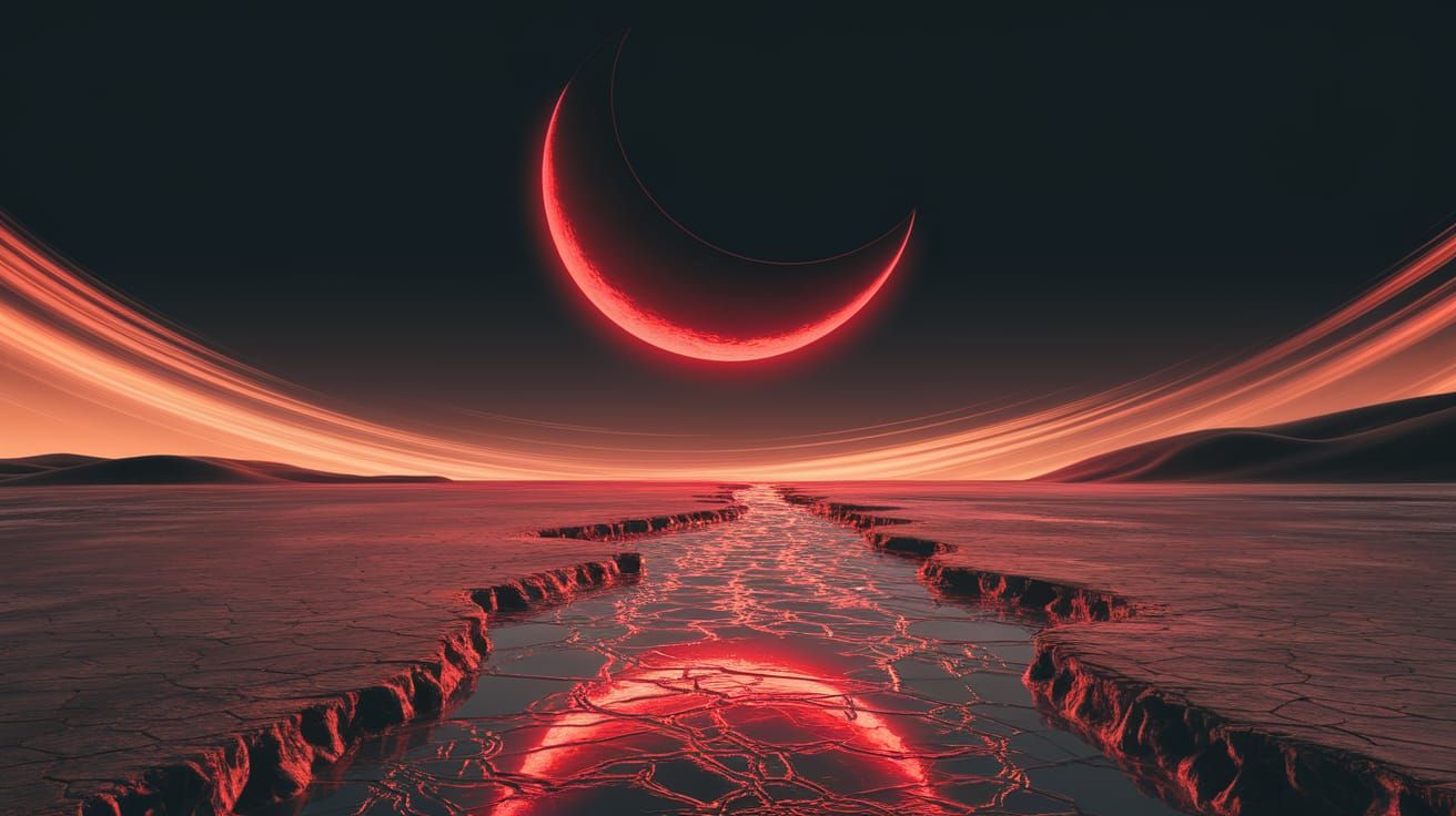 Crimson Moon Over Desert Landscape in Digital Art