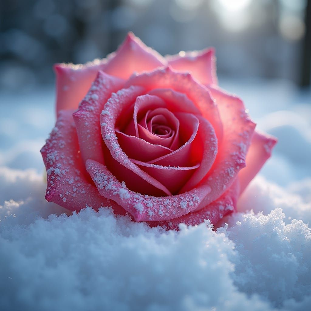 Glittering Hot Pink Rose on Snow