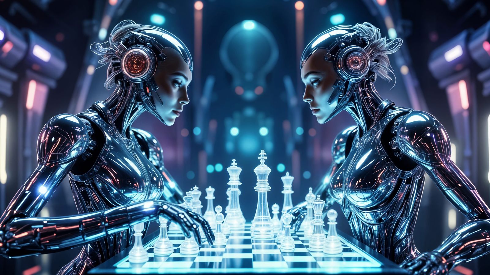 Cybernetic Humans Play Holographic Chess in Futuristic Palac...