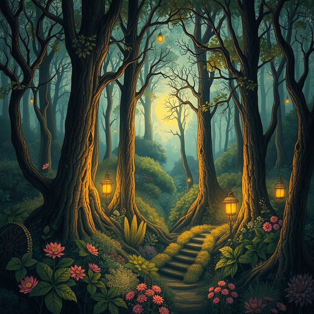 Dreamlike Forest Scene in Whimsical Style