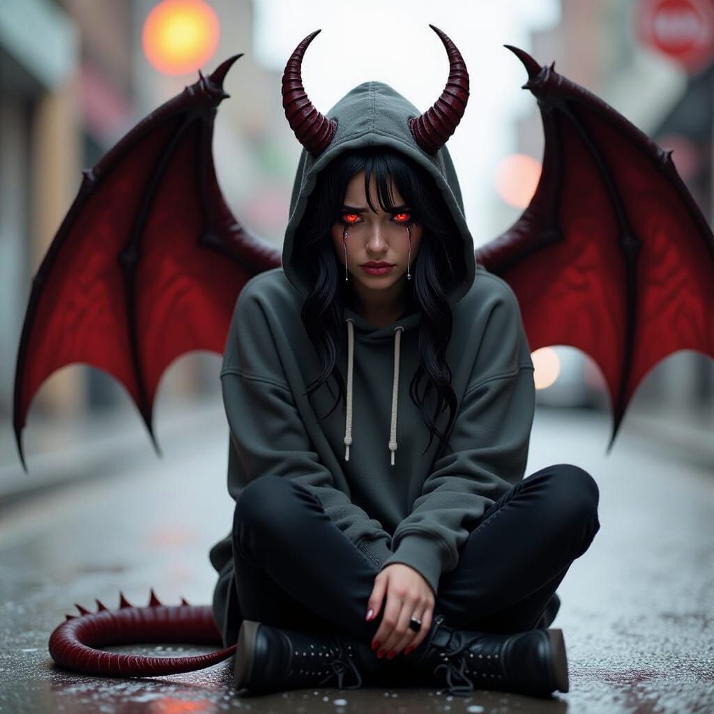 Melancholy Demon Woman Crying in Hoodie