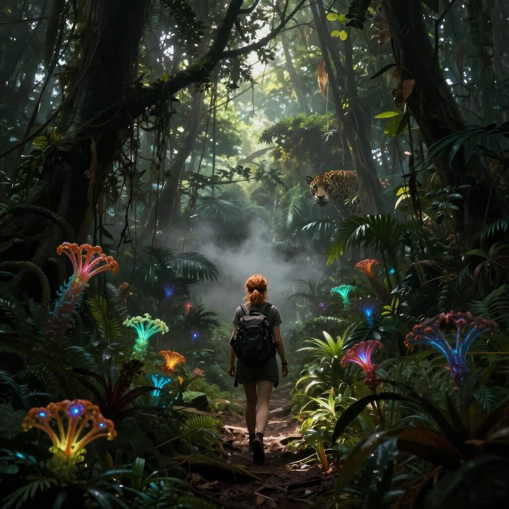Woman Explorer in Mystical Jungle, Dark Fantasy Art
