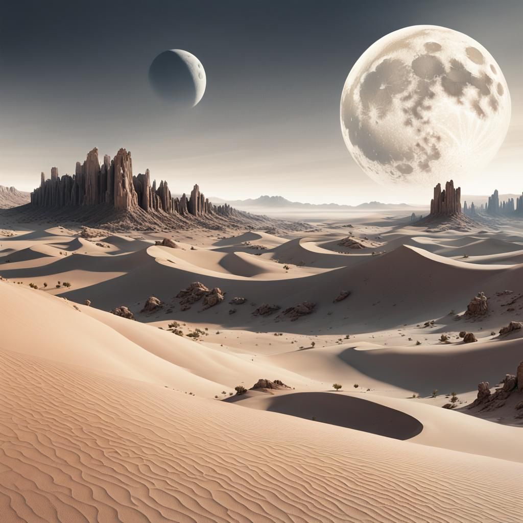 Monochromatic Desert Landscape with Split Moon