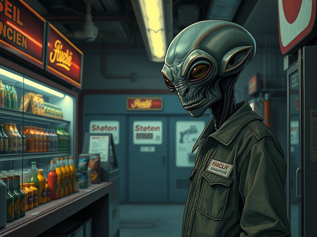 Weary Alien at Gas Station Counter: Sci-Fi Art