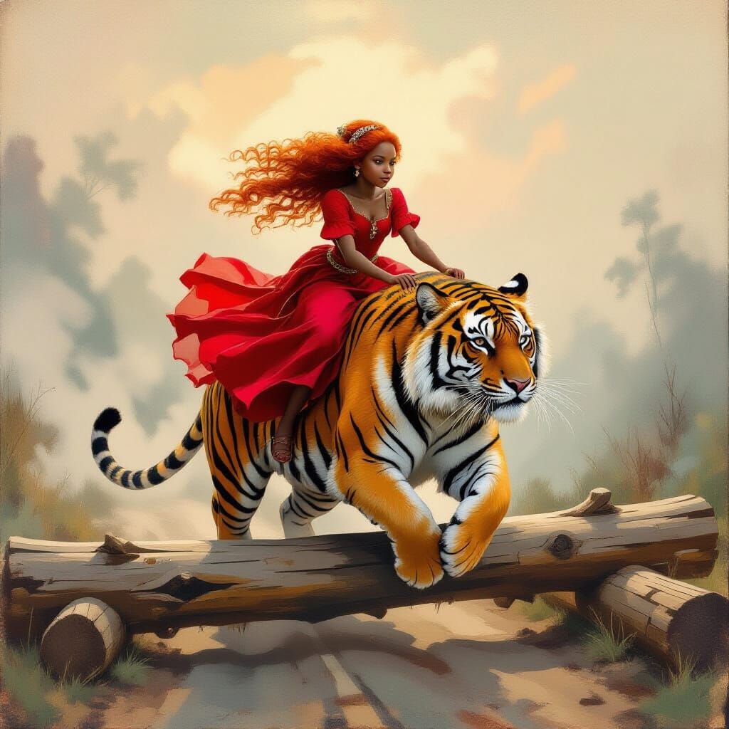 Girl Riding Tiger in Romantic Realism Style