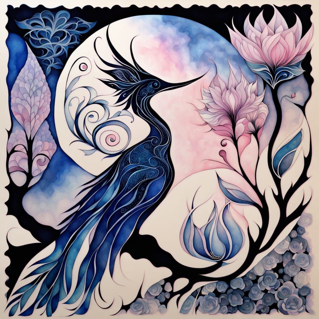 Dragon-Bird Hybrids in Japanese Ink Style