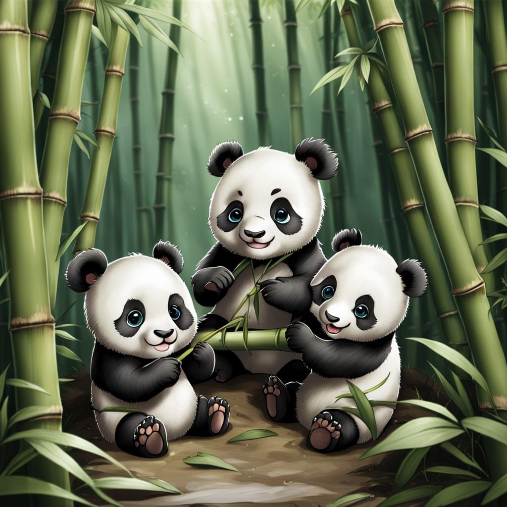 Adorable Chibi Pandas at Play in a Bamboo Grove
