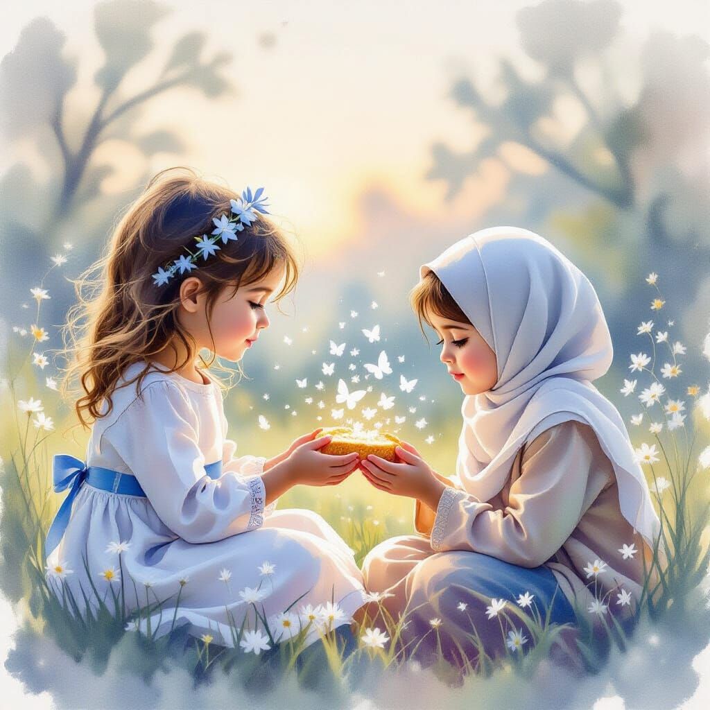 Ethereal Watercolor: Girls Sharing Bread and Hope