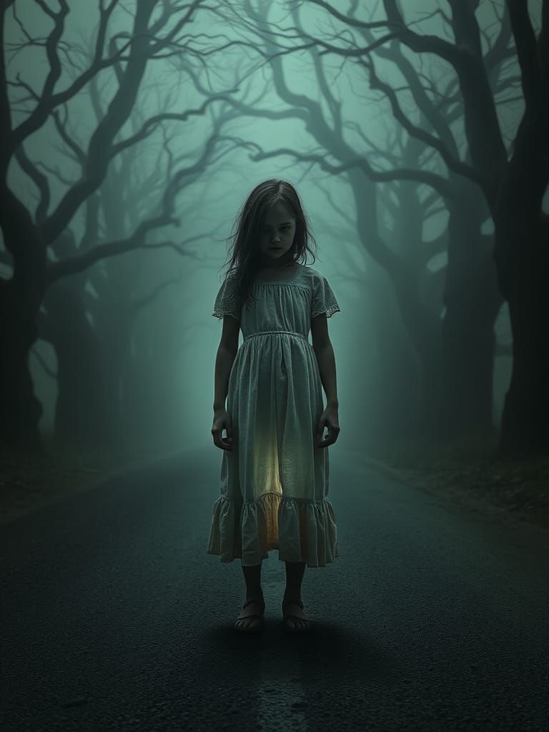 Eerie Girl on Foggy Road in Cinematic Horror Style