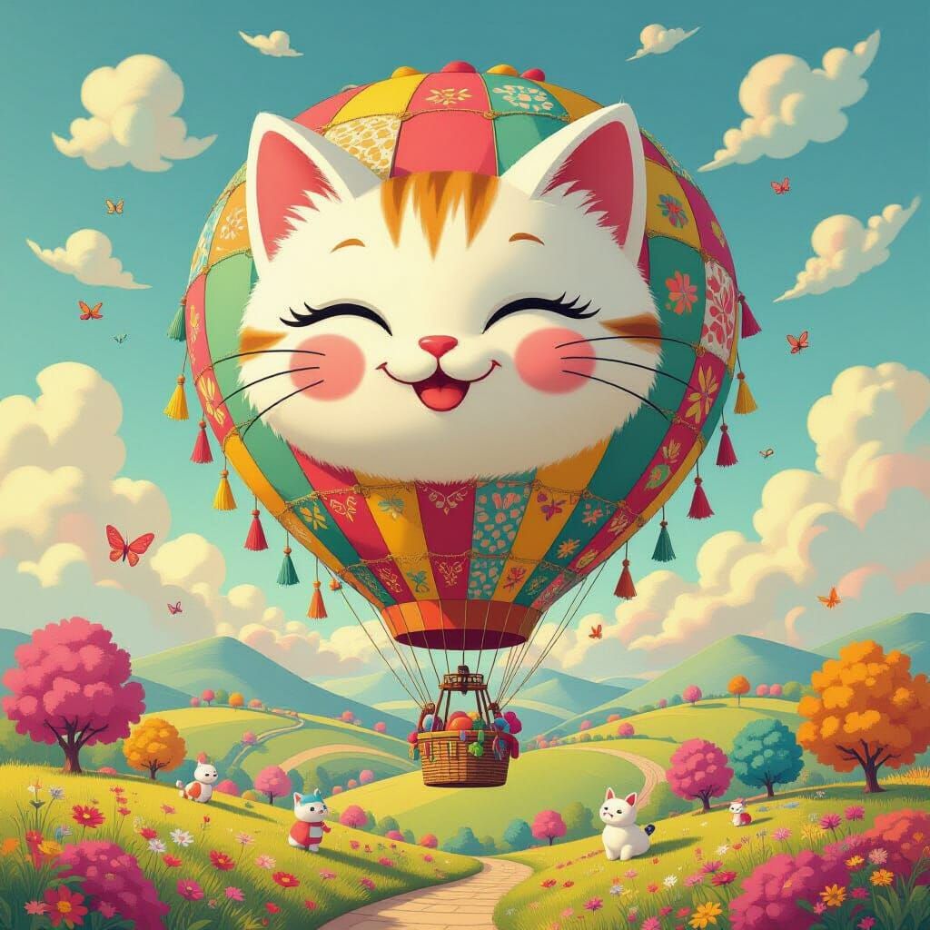 Smiling Cat Hot Air Balloon in Psychedelic Landscape