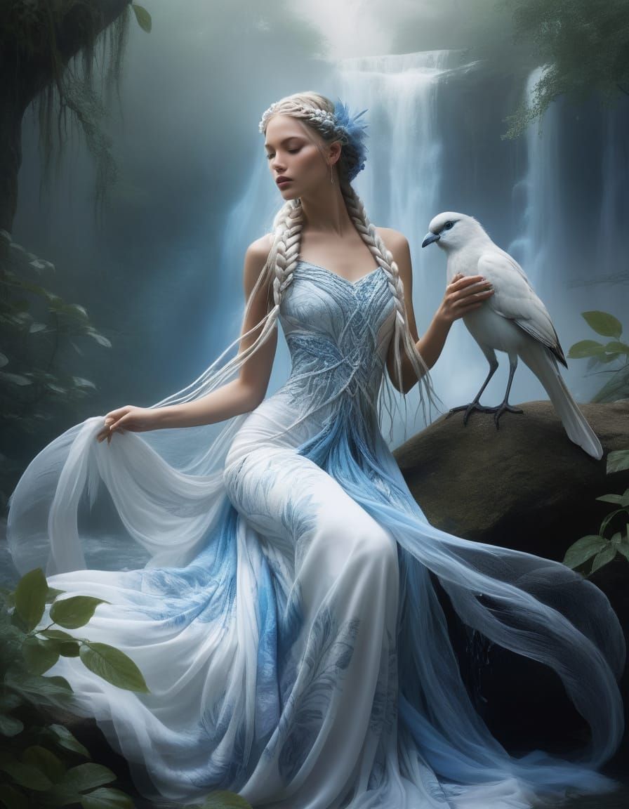 Forest Nymph with Majestic Bird in a Dreamlike Scene