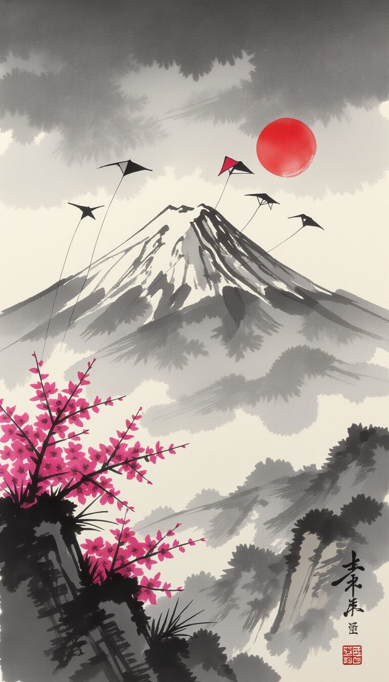 Kites Over Mount Fuji: Chinese Ink Painting