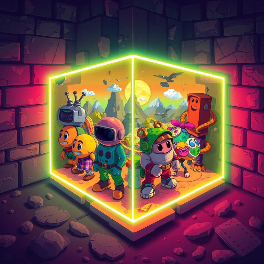 Pixel Art Characters in Glowing Neon Cube