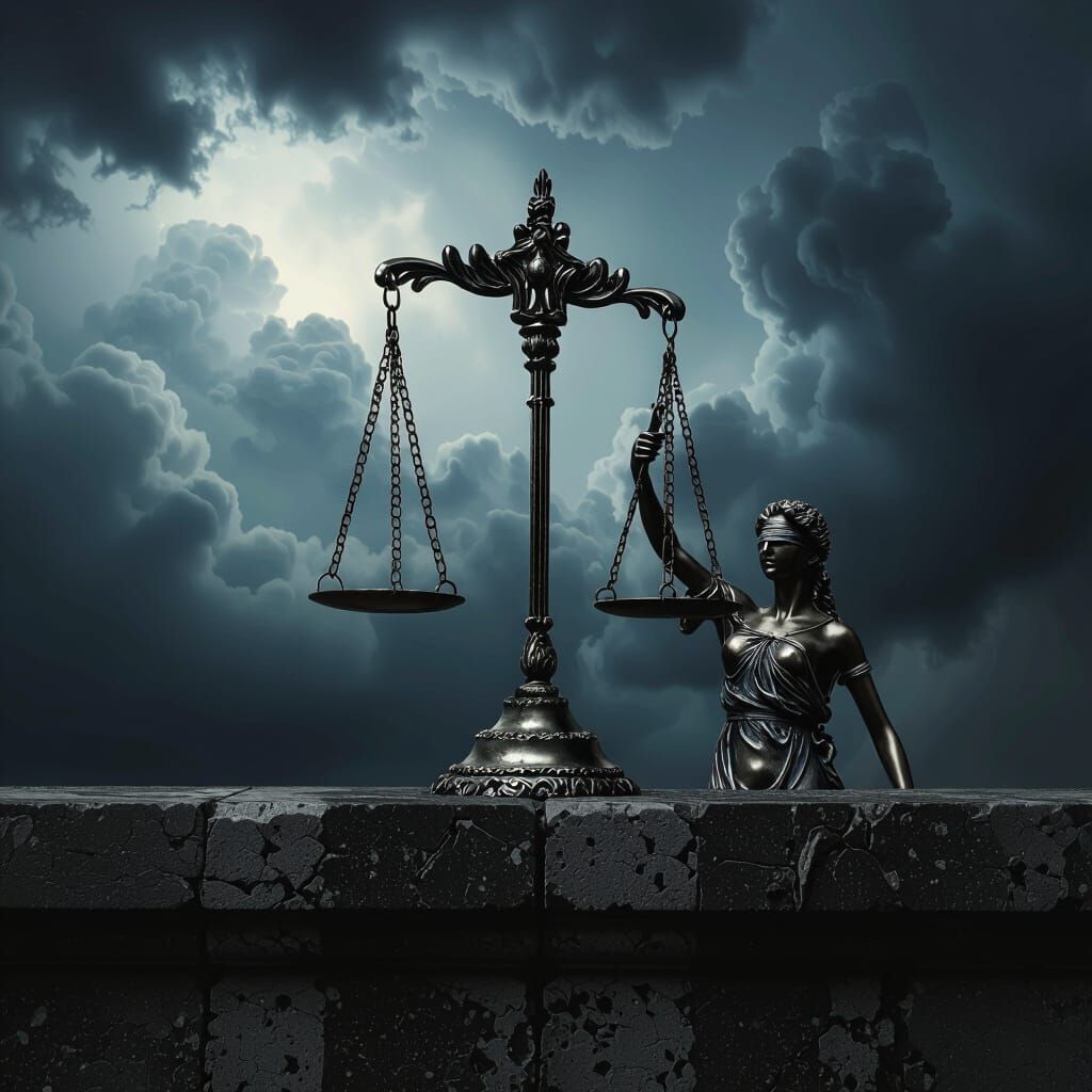 Ominous Scales of Justice Against Stormy Sky