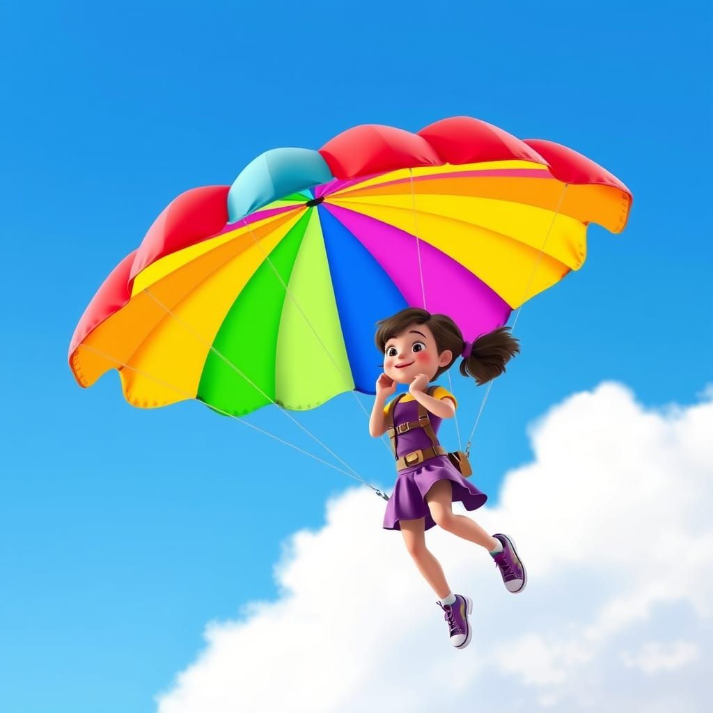 Girl with Colorful Parachute in 3D Animated Style