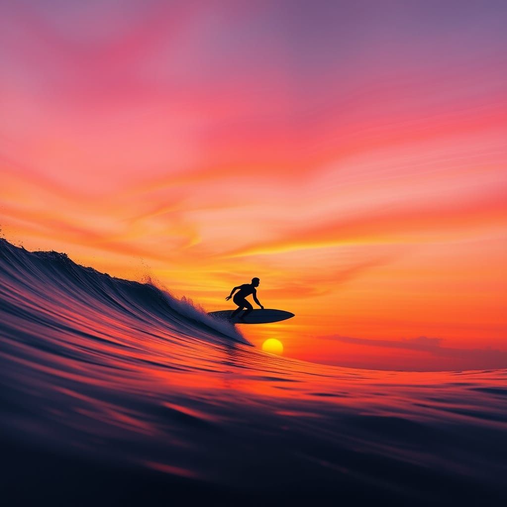 Serene Surfer at Sunset in Dreamy, Vibrant Colors