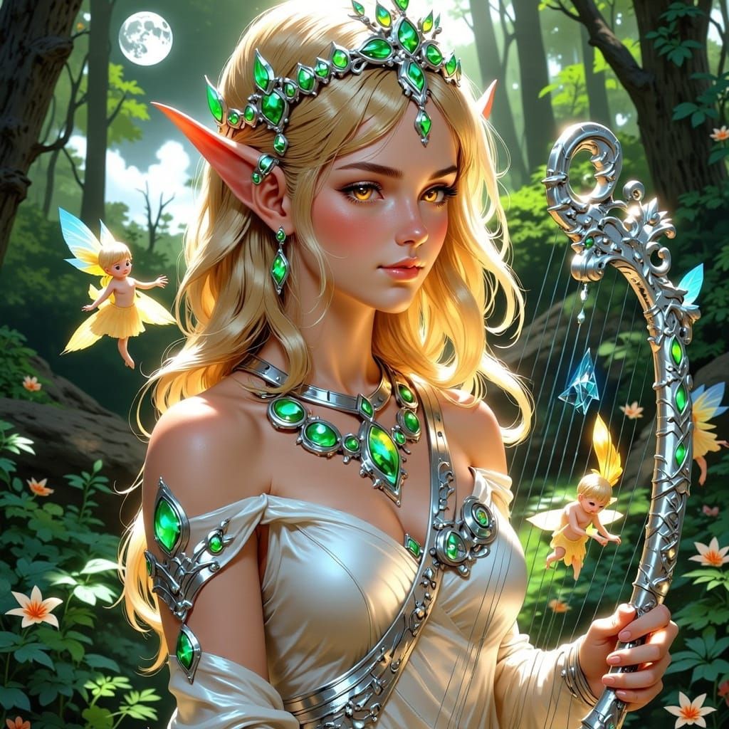Elf Woman Playing Lyre with Pixies in Moonlit Forest