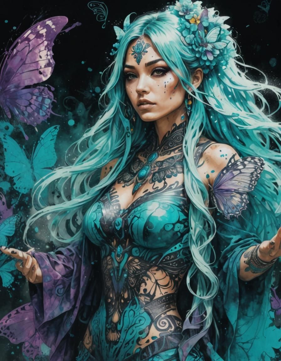 Psychedelic Ink Splatter Art: Woman with Butterfly Wings