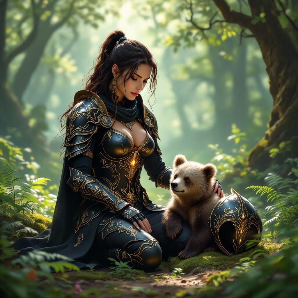 Warrior's Gentle Moment in Ethereal Forest