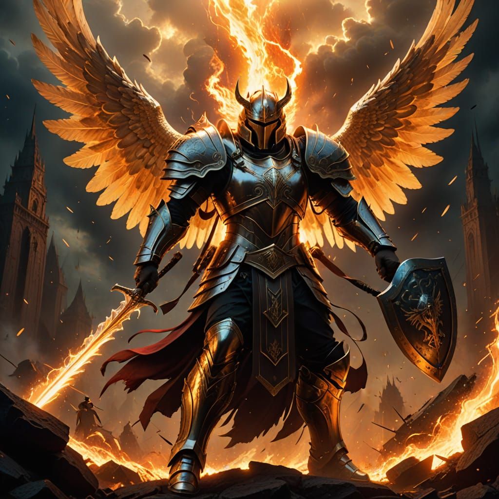 Epic Warrior Angel Defends with Divine Shield in Golden Hour