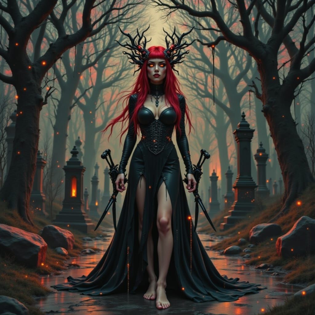 Faerie Witch Summons Spirits in Cyberpunk Cemetery