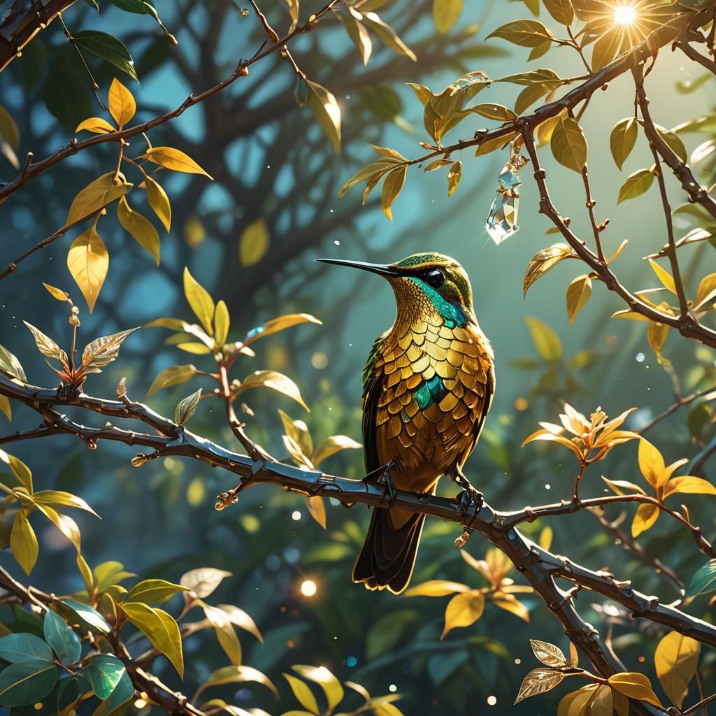 Golden Hummingbird on Diamond Branch: Fantasy Concept Art