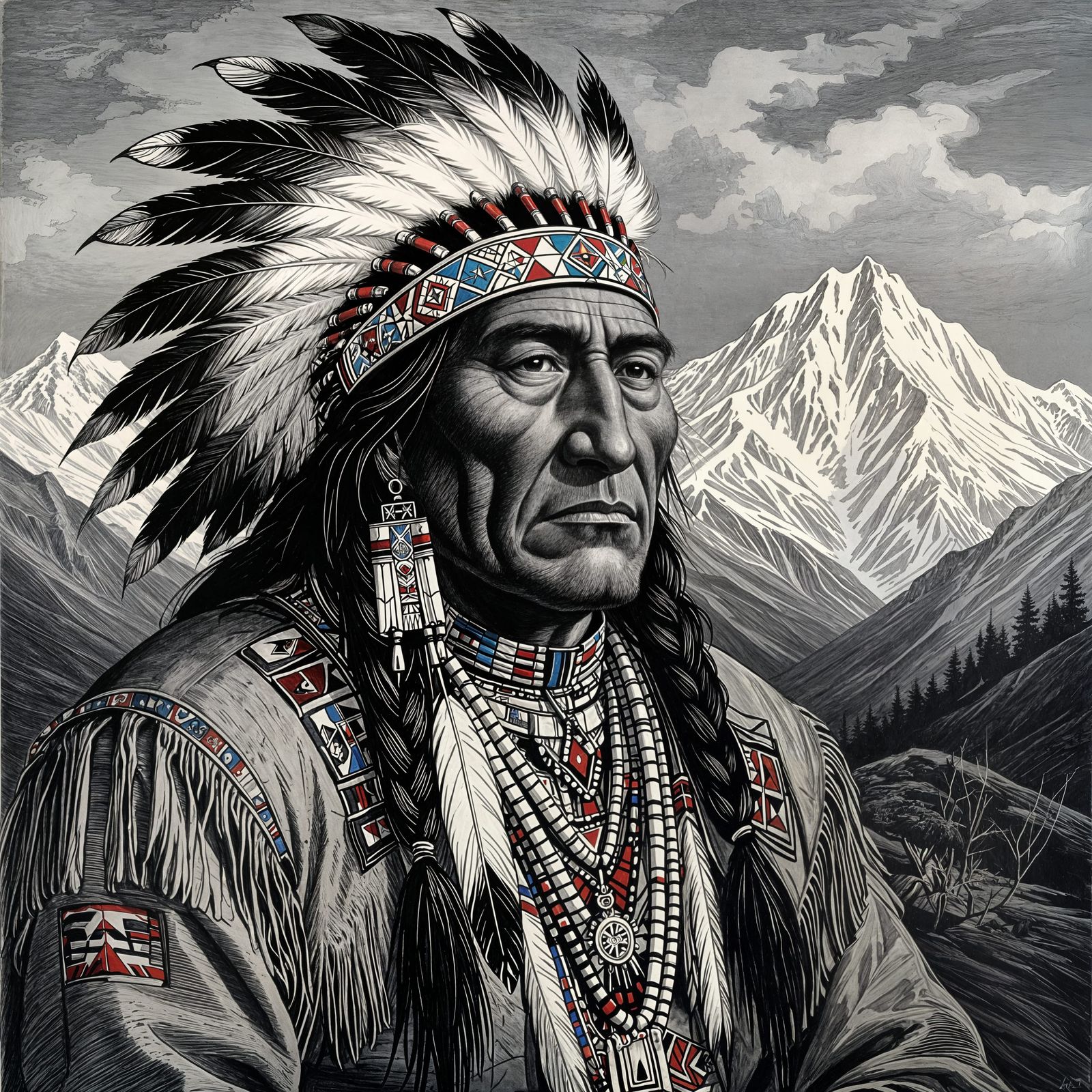 Albrecht Dürer Style Etching of Mountain Chief Nínaiistáko